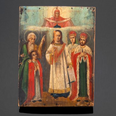 купить Икона "Покров Пресвятой Богородицы" (со Святым Романом Сладкопевцем), дерево, масло, Российская империя, 1860-1910 гг.