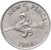 купить Остров Гернси 5 новых пенсов (new pence) 1968