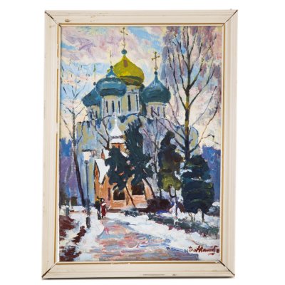 купить Картина "Новодевичий монастырь" (вид на Смоленский собор и часовню-усыпальницу Прохоровых) в раме, художник Манаков Борис Александрович, бумага, картон, масло, Художник Манаков Борис Александрович, СССР, 1988 г.