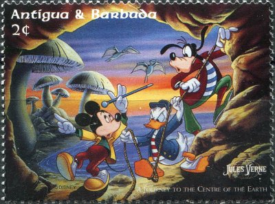 купить Антигуа и Барбуда Почтовая марка 1996 "Микки, Дональд и Гуфи входят в пещеру"