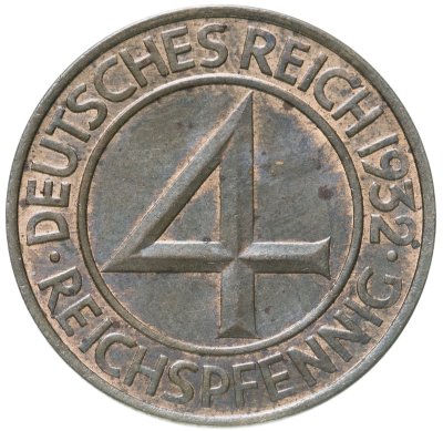 купить Германия (Веймарская республика) 4 рейхспфеннига (reichspfennig) 1932 F знак монетного двора "F" — Штутгарт
