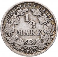 купить Германия 1/2 марки (mark) 1905 J знак монетного двора: "J" - Гамбург