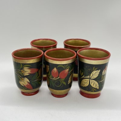купить Набор из 5 стаканов/стопок "Хохлома", дерево, роспись, СССР, 1970-1990 гг.
