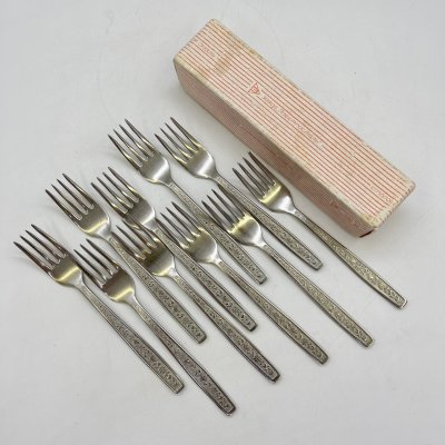 купить Набор из 10-ти десертных вилок с флоральным декором, нержавеющая сталь, Металлургический завод «Электросталь», СССР, 1970-1990 гг.