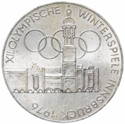 купить Австрия 100 шиллингов (shillings) 1975 XII зимние Олимпийские Игры, Инсбрук 1976 - Здания и Олимпийская эмблема знак монетного двора: "Щит" - Вена