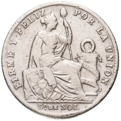 купить Перу 1/5 соля (sol) 1907 Надпись "REPUB.PERUANA LIMA 9D:FINO J.F." на аверсе