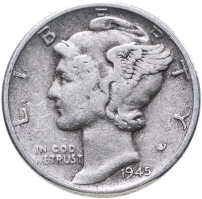 купить США 10 центов (дайм, one dime) 1945 Mercury Dime (дайм «Меркурий») без обозначения монетного двора