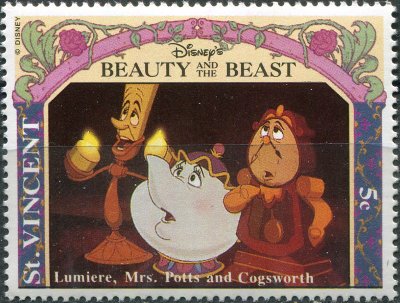 купить Сент-Винсент Почтовая марка 1992 ""Красавица и чудовище". Люмьер, миссис Поттс и Когсворт"