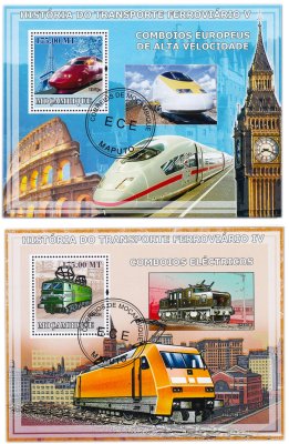 купить Мозамбик марки набор из 2 квартблоков "Поезда"