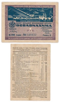 купить Лотерейный Билет Восьмой Всесоюзной Лотереи ОСОАВИАХИМА 1 рубль 1933 (разряд 6)