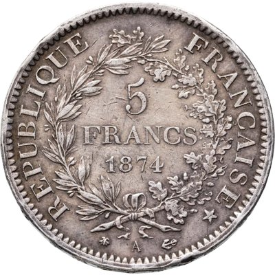 купить Франция 5 франков (francs) 1874 "Геркулес", знак монетного двора: "A" - Париж