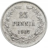 Купить 25 пенни (pennia) 1907 L, монета для Финляндии