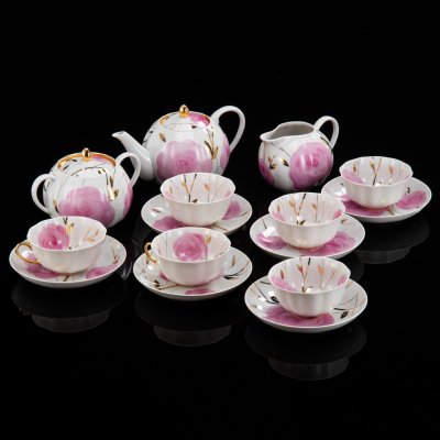 купить Сервиз чайный "Весенний" на 6 персон (15 предметов), фарфор, люстр, роспись, золочение, Дулевский фарфоровый завод (Дулёво), СССР, 1968-1991 гг.