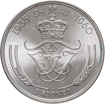купить Дания 5 крон (kroner) 1960"Серебряная свадьба короля Фредерика и королевы Ингрид"