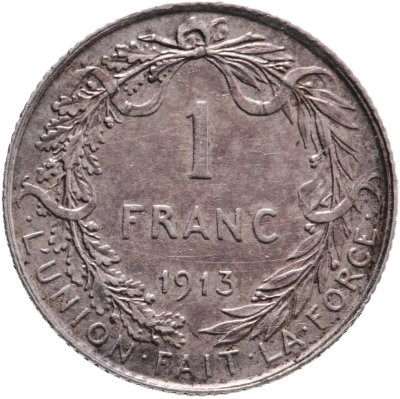 купить Бельгия 1 франк (franc) 1913 надпись на французском - "ALBERT ROI DES BELGES"