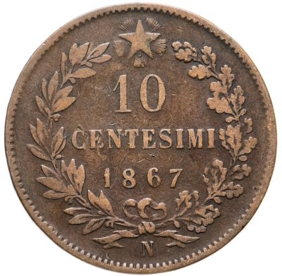 купить Италия 10 чентезимо (centesimi) 1867 N знак монетного двора: "N" - Неаполь