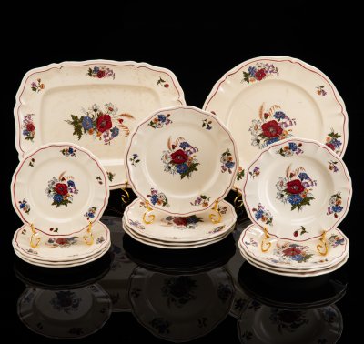 купить Набор обеденный с цветочным декором на 4 персоны (14 предметов), фаянс, деколь, Sarreguemines (Саргемин), Франция, 1980-2000 гг.