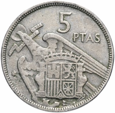 купить Испания 5 песет (pesetas) 1957, год внутри звезды случайный