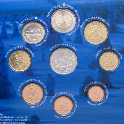 купить Финляндия, рождественский годовой набор из 8 разменных монет ЕВРО 2010 г. + жетон, в сувенирном буклете