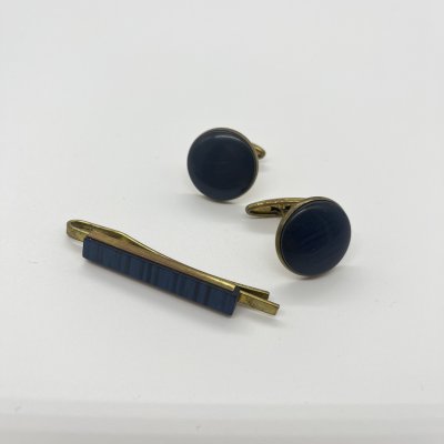купить Запонки винтажные в темно-синем оттенке и зажим для галстука, металл, пластик, СССР, 1970-1990 гг.