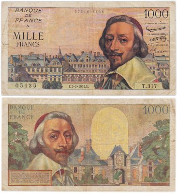 купить Франция 1000 франков 1957 (Cardinal Richelieu, кардинал Ришельё) Pick 134