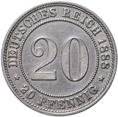 купить Германия 20 пфеннигов (pfennig) "A" 1888
