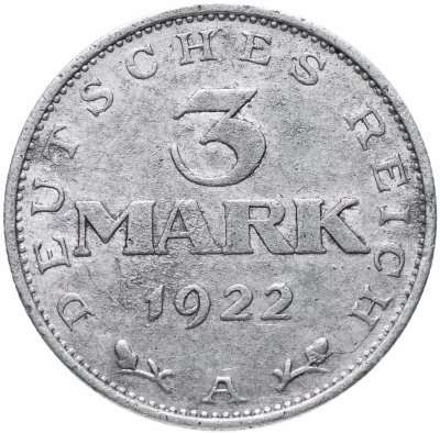 купить Германия (Веймарская республика) 3 марки (mark) 1922 A "3-я годовщина Веймарской конституции"