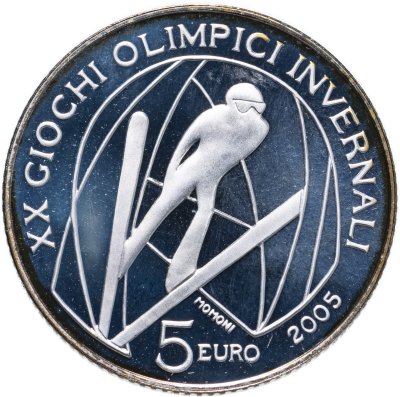 купить Италия 5 евро (euro) 2005 XX зимние Олимпийские игры, Турин 2006 - Прыжки на лыжах с трамплина