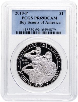 купить США 1 доллар (dollar) 2010 "100 лет бойскаутам Америки" в слабе PCGS PR69DCAM