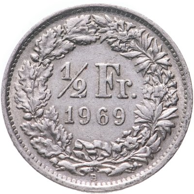 купить Швейцария 1/2 франка (franc) 1969 B, знак монетного двора: "B" - Берн (Berne)