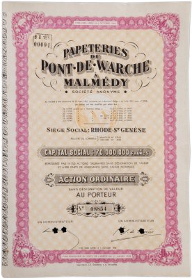 купить Облигация Бельгия PAPETERIES DU PONT DE WARCHE A MALMEDY 1944 -1949 гг.