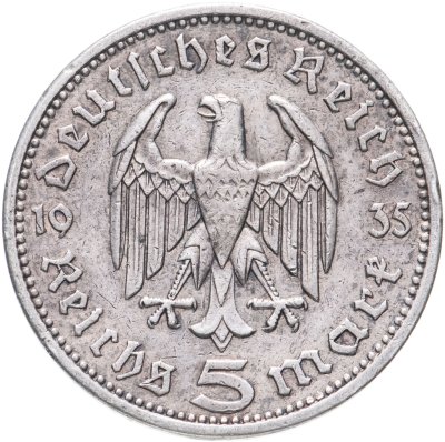купить Германия (Третий Рейх) 5 рейхсмарок 1935, Двор А (Берлин), Орел без свастики (Гинденбург)