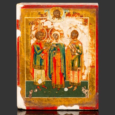 купить Икона "Бессеребренники и чудотворцы Косьма и Дамиан Асийские и матерь их преподобная Феодотия", дерево, темпера, Российская империя, 1850-1900 гг.