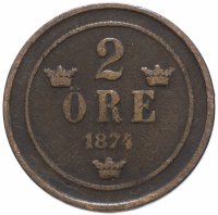 Купить Швеция 2 эре (ore) 1874