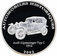 Купить Демократическая Республика Конго 10 франков 2002 "Автомобили истории - Audi Alpensieger Typ C 1912" в капсуле