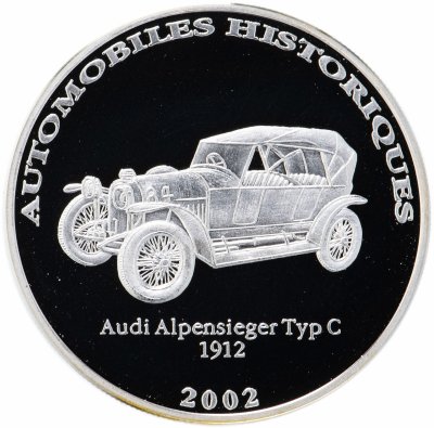 купить Демократическая Республика Конго 10 франков 2002 "Автомобили истории - Audi Alpensieger Typ C 1912" в капсуле