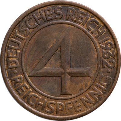 купить Германия 4 рейхспфеннига (reichspfennig) 1932, знак монетного двора "Е" — Мульденхюттен