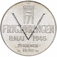 Купить Норвегия 25 крон (kroner) 1970 "25 лет освобождению Норвегии"