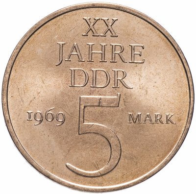 купить Германия (ГДР) 5 марок 1969 "20 лет образования ГДР" (Никелевая латунь, жёлтый цвет)