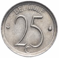 Купить Бельгия 25 сантимов 1964-1975 гг. Надпись на французском - 'BELGIQUE'