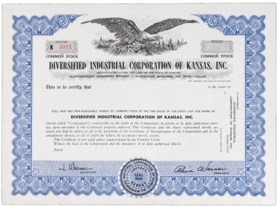 купить США Акция DIVERSIFIED INDUSTRIAK CORPORATION OF KANSAS INC 1962