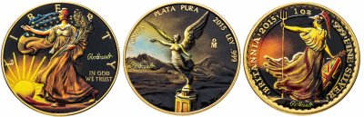 купить США Мексика Великобритания набор из 3-х монет 2015 "Рембрант" в футляре с сертификатом, частные модификации подлинных монет