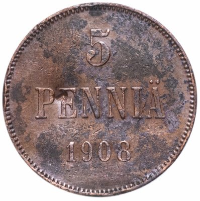 купить 5 пенни (pennia) 1908, для Финляндии