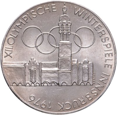 купить Австрия 100 шиллингов (shillings) 1975 XII зимние Олимпийские Игры, Инсбрук 1976 - Здания и Олимпийская эмблема знак монетного двора: "Щит" - Вена