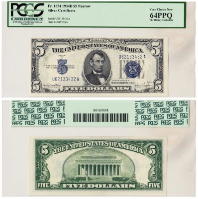 купить США 5 долларов 1934 (Silver Certificate) series 1934D, Clark-Snyder ПРЕСС в слабе PCGS 64 PPQ