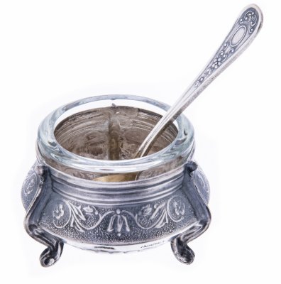 купить Солонка с ложечкой в родной коробке, мельхиор, стекло, Мстерская художественная фабрика "Ювелир", СССР, 1967 г.