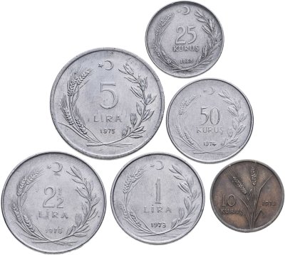 купить Турция разменный набор 6 шт (10, 25, 50 курушей, 1, 2,5, 5 лир) 1968-1975 гг