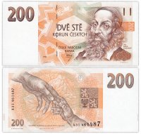 купить Чехия 200 крон 1993 (Pick 6a) На защитной полосе надпись "200 Kčs"
