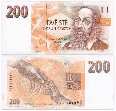 купить Чехия 200 крон 1993 (Pick 6a) На защитной полосе надпись "200 Kčs"