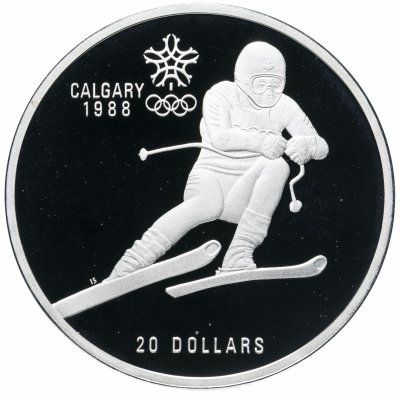 купить Канада 20 долларов (dollars) 1985 XV зимние Олимпийские Игры, Калгари 1988 - Горные лыжи